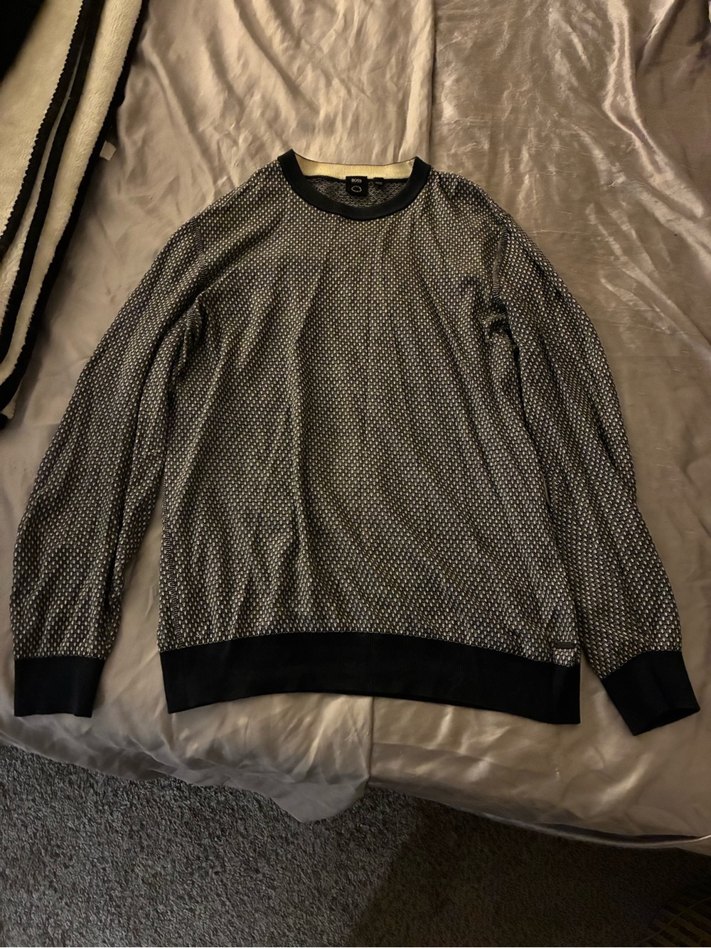 Hugo Boss Black and White Textured Crewneck Sweater